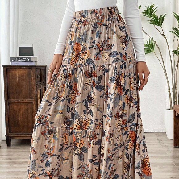 Boho Multicolor Women's Floral Print A-Line Skirt - Picture 2 of 6